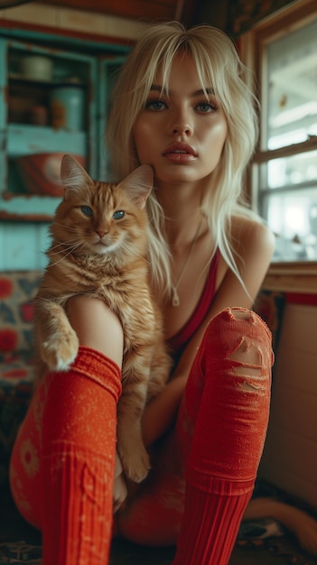 Foto portret in cyberpunk stijl met vrouw en kat
