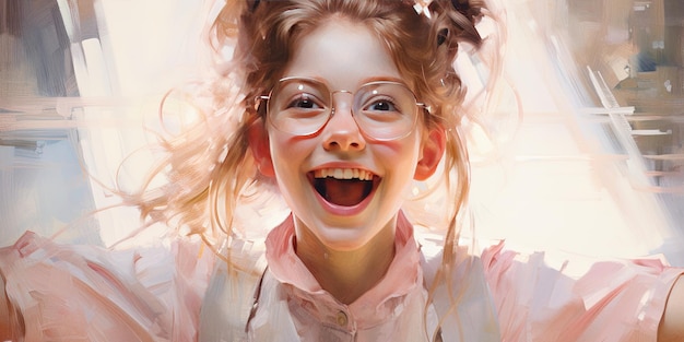Portret in roze van een jong meisje dat breed glimlacht
