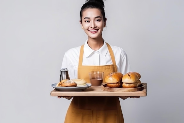 Portret jonge aziatische serveerster barista dragen uitnodigen klant naar haar coffeeshop Lachende serveerster vrouw werken hand vasthouden brood en koffie drinken Genereer Ai