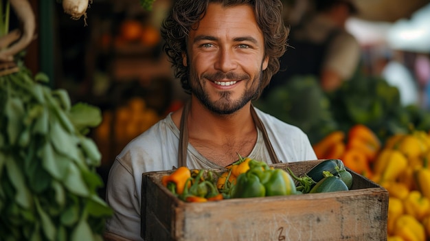 Foto portret jonge boer met een houten doos met verse groenten die producten op de markt verkoopt