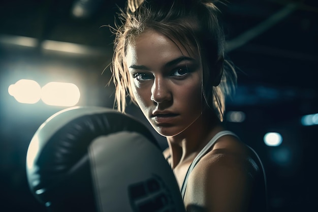 Portret jonge vrouw boksen training in de boksen arena in de sportschool gecreëerd met Generative Ai Technology