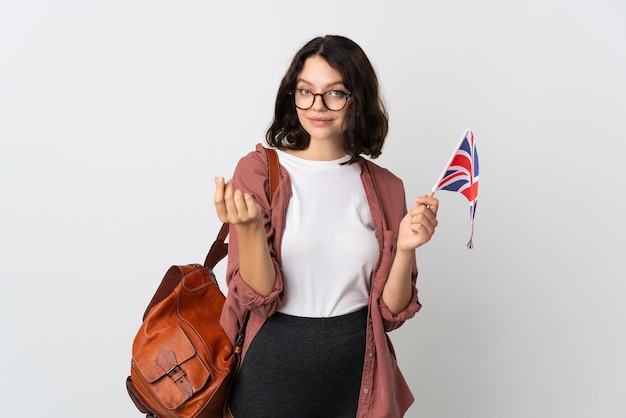 portret jonge vrouw met vlag en rugzak