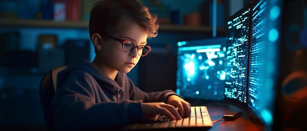 Portret kind jongen leert coderen met zachte wazige vriend in een computer lab