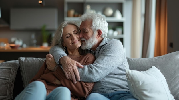 Portret knuffel en senior paar op de bank voor het binden van gezond huwelijk en relatie in de woonkamer Pensioen liefde en gelukkige man en vrouw op de bank knuffel voor vertrouwen toewijding en zorg thuis