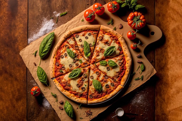 portret Lekkere hete Italiaanse pizza op houten bord op keuken achtergrond