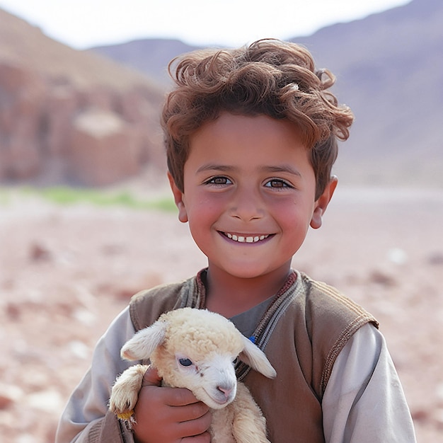 Portret Leuk knap kind Arabische kenmerken zet een hoed op zijn hoofd gelukkig en houdt kleine schattige schapen vast