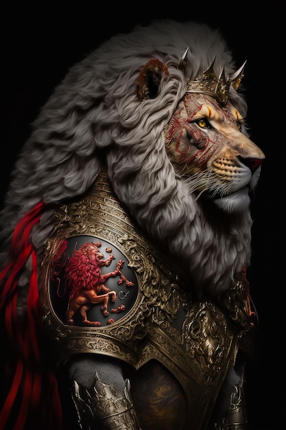 Portret Lion Knight in volledig rood pantser AI gegenereerd