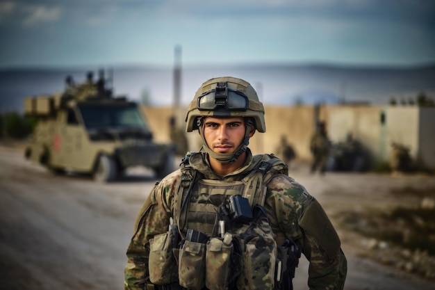Portret mannelijke soldaat in militair uniform met een helm