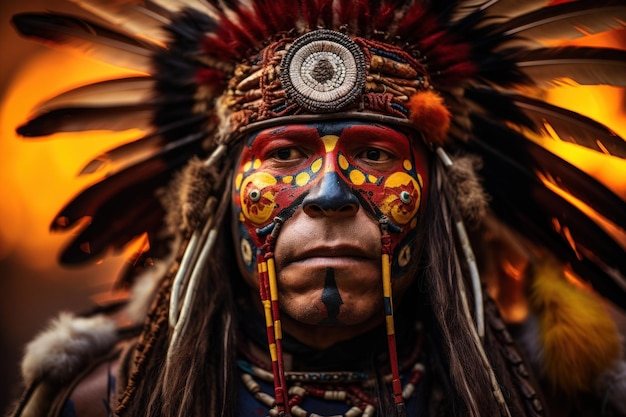 Portret met het rijke erfgoed van de inheemse cultuur Man versierd met traditionele gevederde hoofdbedekking en kralen halsketting belang van het behoud van de inheemse cultuur door middel van kunst en ontwerp