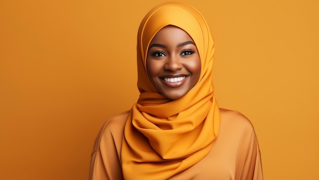 Portret mode vrouwelijke etniciteit moslim Arabische gelukkige vrouwen islam jonge sluier mooi model hijab gezicht gele Arabische dame