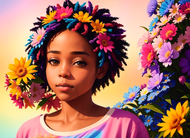 Portret mooi Afro-Amerikaans meisje met bloemen op haar hoofd Vrouw met bloemenarrangement op haar hoofd Generatieve AI