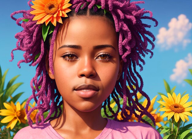 Portret mooi Afro-Amerikaans meisje met bloemen op haar hoofd Vrouw met bloemstuk op hoofd Generatieve AI