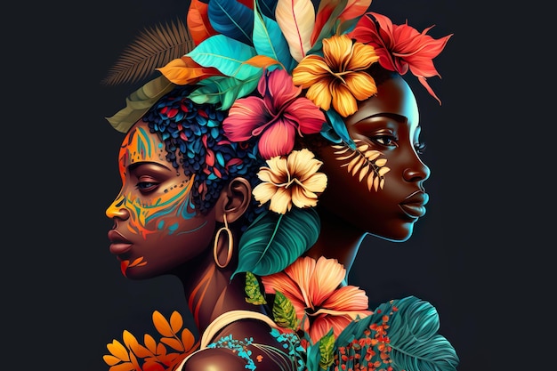 Portret mooie Afro-Amerikaanse dames gecombineerd met bloemen