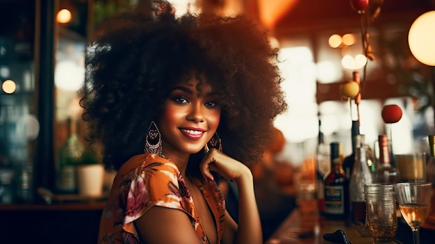 portret mooie afro zwarte vrouw zit in een bar