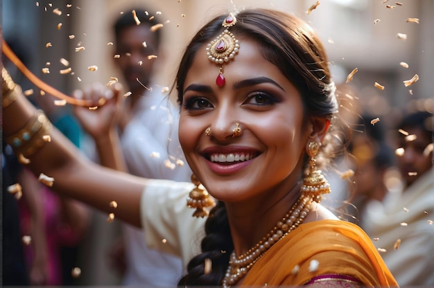 Portret mooie Indiase vrouw met een glimlach in traditionele kleding die het hindoeïsme viert op straat