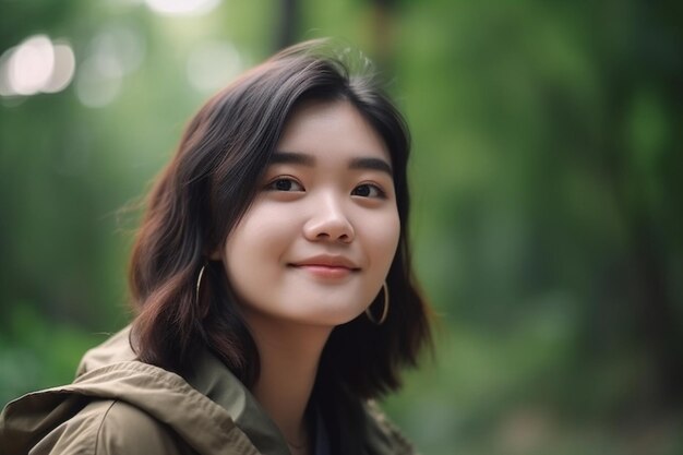 Portret mooie jonge Aziatische vrouw lopen met een glimlach gelukkig en ontspannen in het park