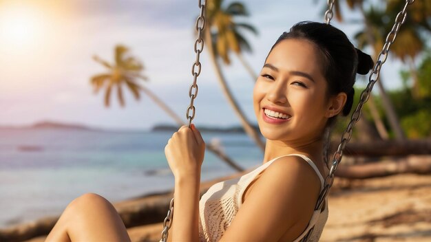 Portret mooie jonge Aziatische vrouw ontspannen glimlach op schommel rond het strand zee oceaan voor natuur reis