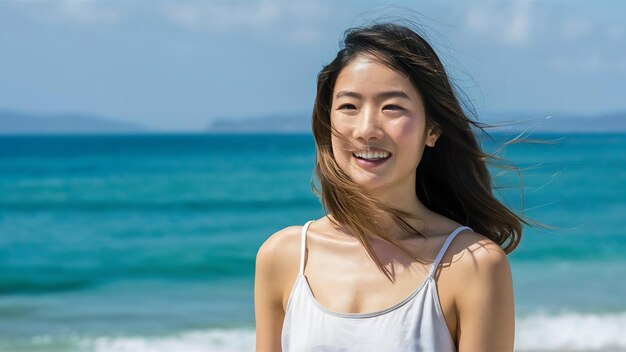 Portret mooie jonge Aziatische vrouwen gelukkige glimlach ontspannen rond zee strand oceaan
