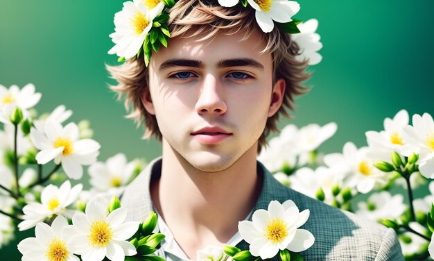 Foto portret mooie man met bloemen op haar hoofd man met bloemenarrangement op het hoofd generatieve ai