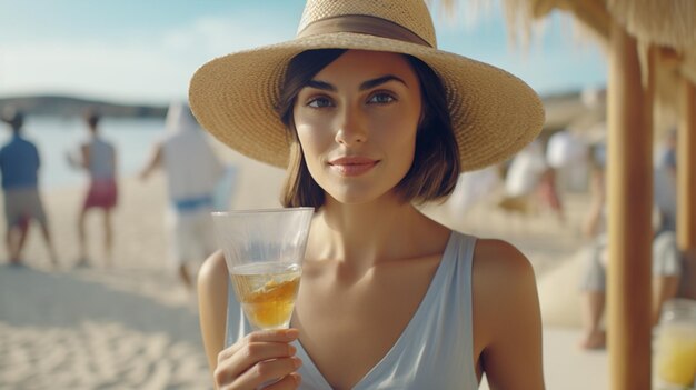 Portret mooie vrouw model phose met een glazen cocktail met hoed op het strand
