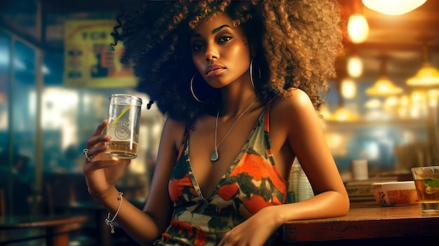 portret mooie zwarte vrouw afro in een bar met een vaas in de hand