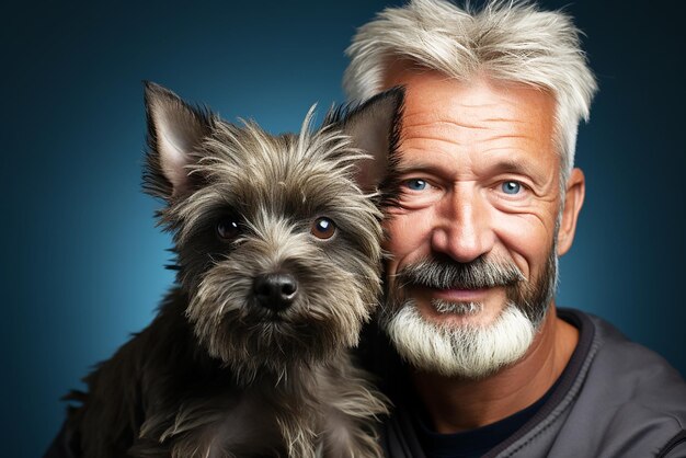 Foto portret oudere man met hond niet blauwe geïsoleerde achtergrond