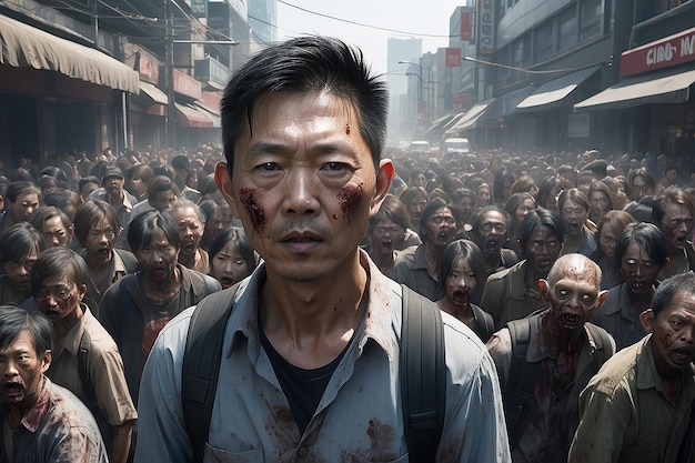 Portret overdag van een Aziatische man op een drukke straat vol met een menigte zombies