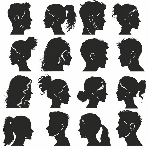 Foto portret portret silhouetten van vrouwen en mannen anonieme personages volwassen mensen hoofd silhouetten moderne illustratie set lang en kort haar op vrouwen en mannen