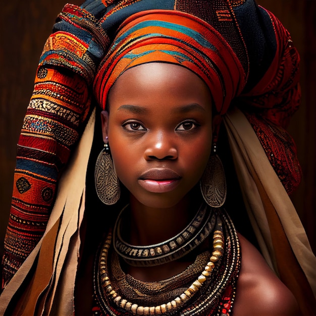 Foto portret realistische afbeeldingen van een afrikaanse vrouw met sterke gelaatstrekken in nationale kleding ai gegenereerd beeld