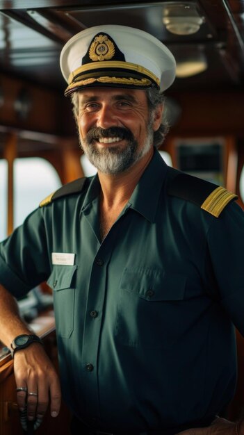 Foto portret schip kapitein in uniform staande op het dek warm glimlachend naar de camera
