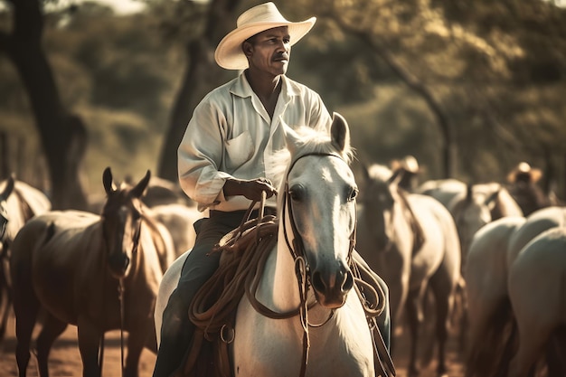 Portret senior man in cowboyhoed paardrijden op bergpad Neuraal netwerk AI gegenereerd