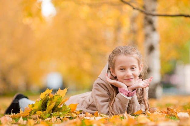 Portret van aanbiddelijk meisje met geel bladerenboeket in herfst. Mooi glimlachend jong geitje dat op bladerentapijt ligt