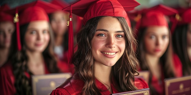 Foto portret van afgestudeerden met rode petten en jurken die trots hun diploma's vasthouden