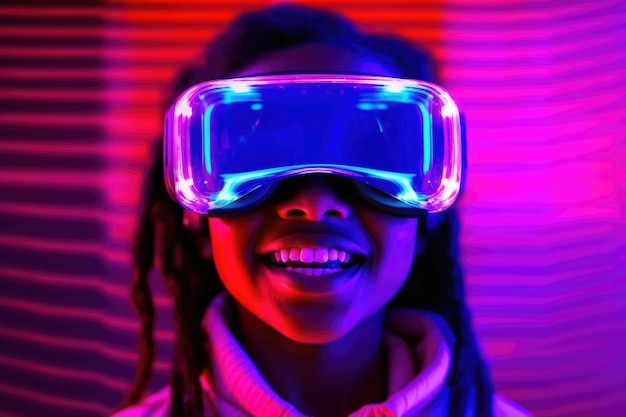 Portret van Afro-Amerikaans kind met virtual reality-headset Levendige kleuren en neon gloeiende HMD op het gezicht van meisjes Gegenereerd met AI