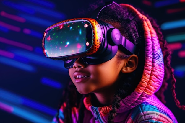 Portret van Afro-Amerikaans kind met virtual reality-headset Levendige kleuren en neon gloeiende HMD op het gezicht van meisjes Gegenereerd met AI