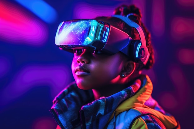 Portret van Afro-Amerikaans kind met virtual reality-headset Levendige kleuren en neon gloeiende HMD op het gezicht van meisjes Gegenereerd met AI