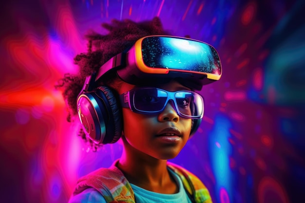 Portret van Afro-Amerikaans kind met virtual reality-headset Levendige kleuren en neon gloeiende HMD op het gezicht van meisjes Gegenereerd met AI