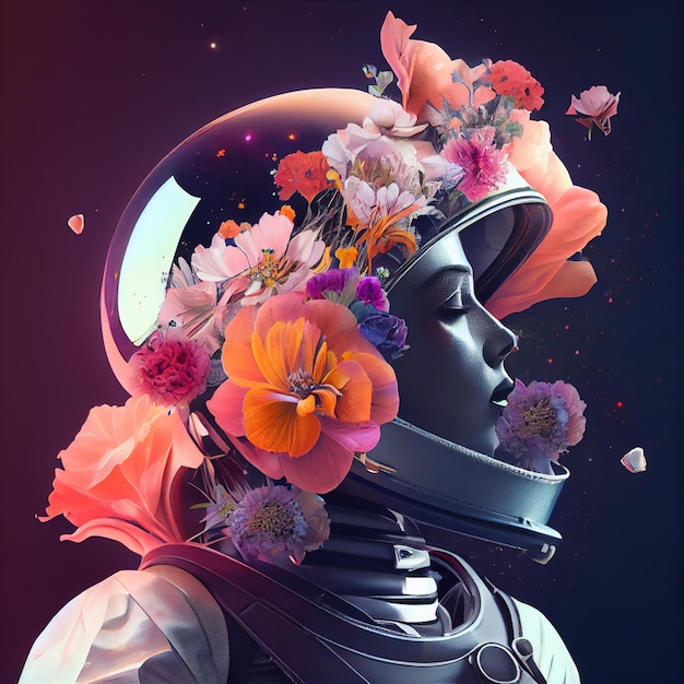 Portret van astronauten met bloemen Hightech astronauten uit de toekomst Concept van ruimtevaart