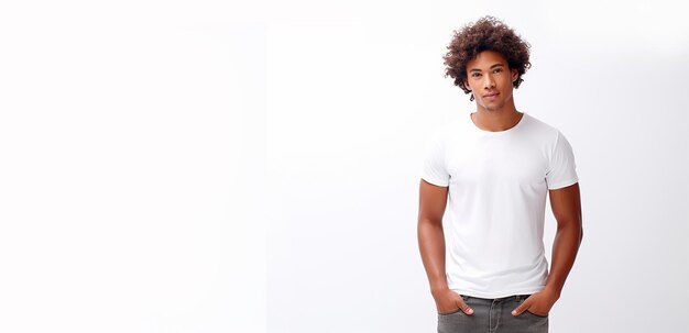 Foto portret van atleet afrikaans-amerikaans mannelijk model met spijkerbroek en wit blanco t-shirt met kopieerruimte
