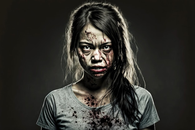 Portret van Aziatisch meisje staande zombie in bloed op donkere achtergrond