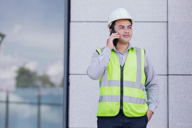 Portret van Aziatische ingenieur jonge man met veiligheidsvest en helm staande smartphone gebruiken voor contact werk op bouw bouwplaats achtergrond Engineering bouwvakker concept