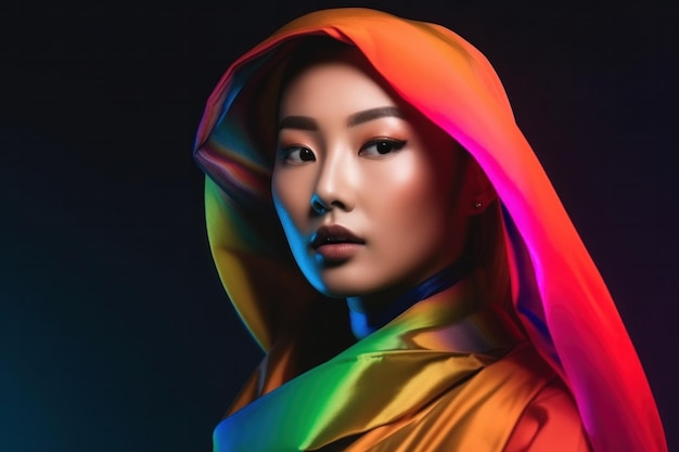 Portret van Aziatische mannequin in stijl van futurisme mode fotorealisme levendige kleuren