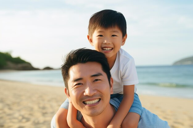 Portret van Aziatische vader en zoon op het strand