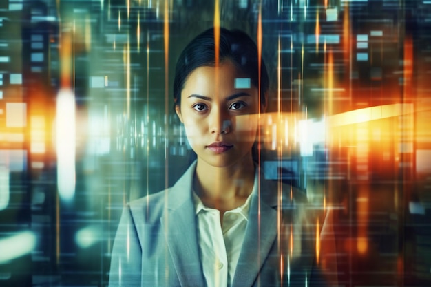 Portret van Aziatische zakenvrouw met computerscherm reflectie dubbele belichting Generatieve AI