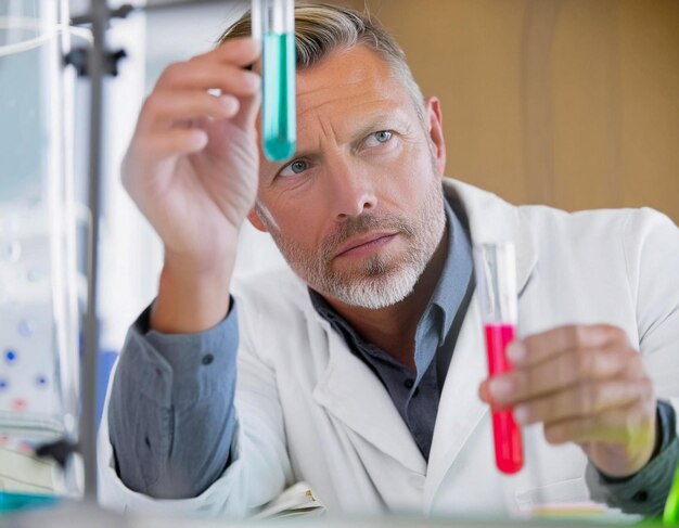 Foto portret van baarde knappe volwassen mannelijke laboratoriumtechnicus geconcentreerd