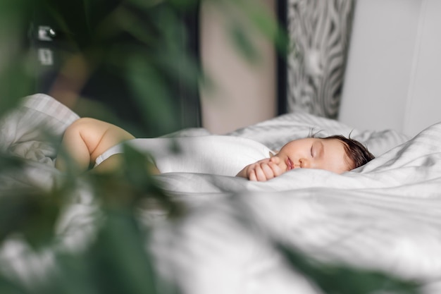 Portret van baby in witte romper op bed deken wazig groene plant op voorgrond slapen baby kind in slaapkamer zie zoete droom soft focus kopie ruimte kinderopvang en gezonde slaap concept