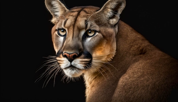 Portret van Beautiful Puma Cougar bergleeuw geïsoleerd op de zwarte achtergrond Generatieve Ai