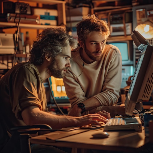 Portret van blanke mannelijke tech start-up oprichters die oude desktopcomputers gebruiken in een retro garage in de avond Softwareontwikkelaar en gebruikersinterface ontwerper die een nieuw e-commerce bedrijf starten in de jaren negentig