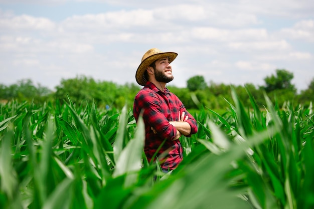 Portret van boer staande in maïsveld