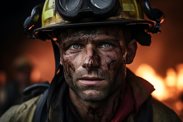 portret van brandweerman met as op zijn gezicht ai gegenereerd